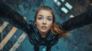 Beautiful Young Woman looking up at Rain filled Sky St